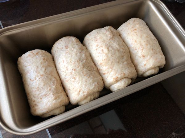 完成的麵團放在模型中，表面噴點水，蓋上保鮮膜發酵1-1.5小時。