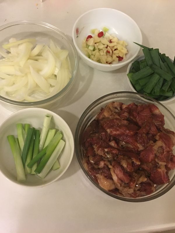 肉先用「醬料」醃過
（白胡椒粉、黑胡椒粉、醬油、五香粉）

準備好食材們
