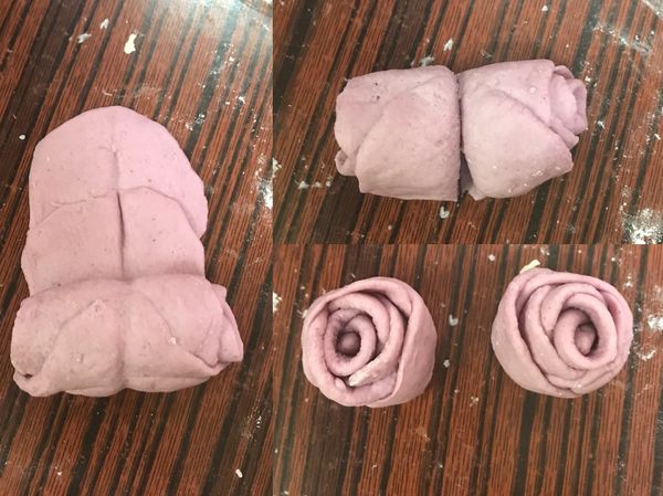 從花蕊依中間線往上輕輕捲，不要太用力，防止花瓣緊黏在一起。捲完後在中間切開麵團，便是一朵玫瑰花了🌹。