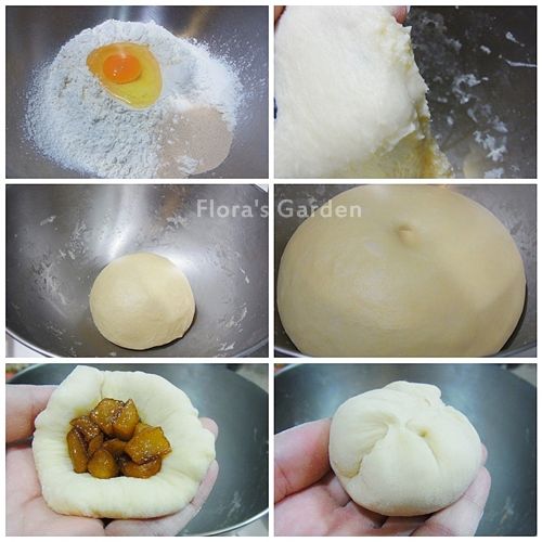 1.將[麵團]材料混合(奶油除外)，揉約十分鐘後再將切小丁的奶油加入，慢慢將所有奶油揉至麵糰完全吸收。
2.麵糰揉到表面光滑，取一小塊慢慢能延展並拉出半透明的膜即可。
3.蓋上濕毛巾，放温暖處第一次發酵至兩倍大(约60-90分)。
4.將發酵完成的麵糰分割成45克的小麵團、揉圆，蓋濕毛巾鬆弛10分鐘。
5.再揉一下把氣排出、擀成圓形、包入餡料。
