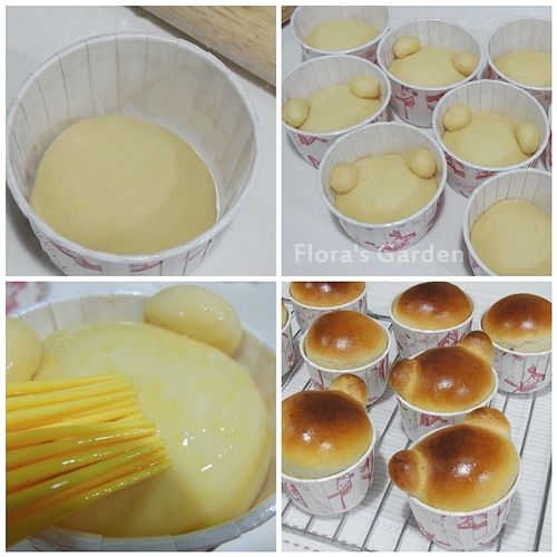 6.包好滾圓，放入纸杯中，小熊造型--2.5克麵糰搓圓放在上方兩旁；二次發酵至1.5倍大(約40分)。
7.烤箱預熱180度。
8.發酵好的麵糰表面刷一層全蛋液。放入烤箱烤12~15分左右至面包表面變成金黄色。