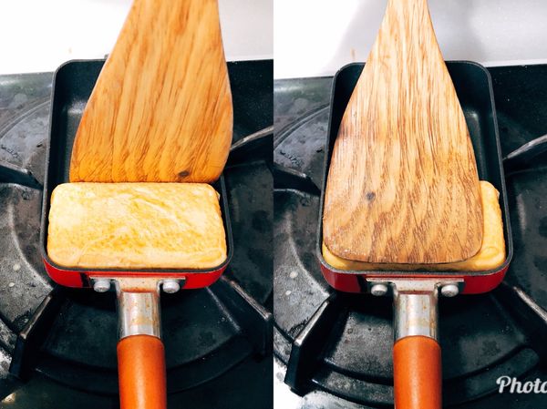 大約煎4回左右大小就差不多了，可用鏟子幫忙定型