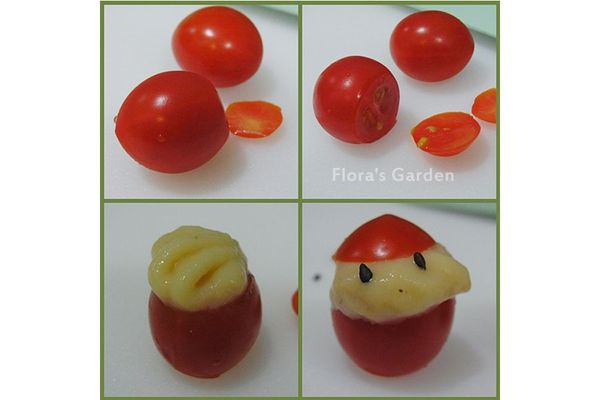 雪人作法：A.小番茄將底部切一小塊好平穩。B.在切除頭部C.擠上卡士達醬(用薯泥就可以)D.蓋上切除的頭部E.黑芝麻當眼睛