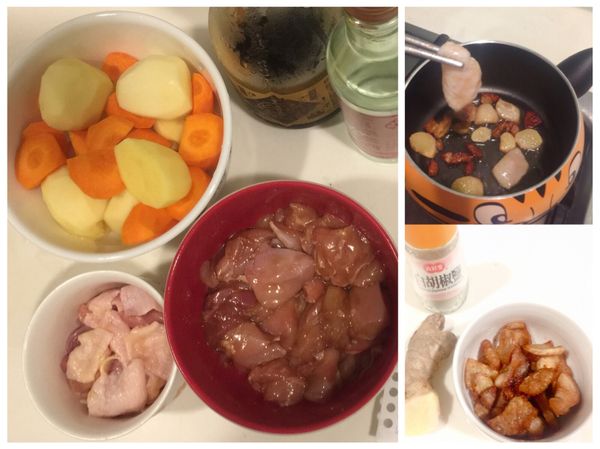 前置準備:
a.雞肉先去皮不然會太油膩，再清洗，重口味可以先加醬油醃肉
(留下的雞皮，還有一點肉塊。宵夜加一點薑去煎，撒胡椒粉，就超好吃的哭哭)
b.馬鈴薯削皮切比紅蘿蔔大塊一點點