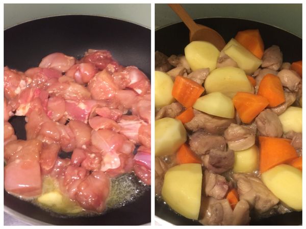 1.開中火，在平底鍋加入少許油，先放雞肉翻炒表面(約1分鐘)，之後丟進馬鈴薯.紅蘿蔔，隨後加入醬油1/4.糖1/4.米酒1/4，繼續翻炒到食材都稍微均勻上色。