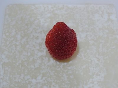 餛飩皮粉較多的放在上方(粉可以吸收草莓水氣)、草莓放中央。