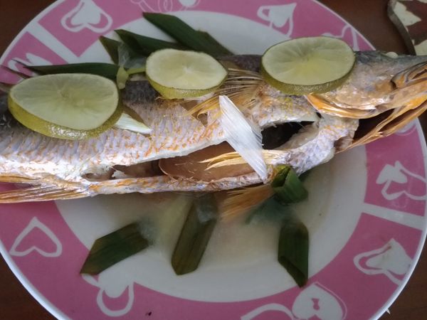 魚洗淨，肚子斜劃3刀，入米酒，鹽巴醃製約30分鐘，蔥白，薑片及檸檬片放置魚上頭，入電鍋蒸煮約20分鐘即可