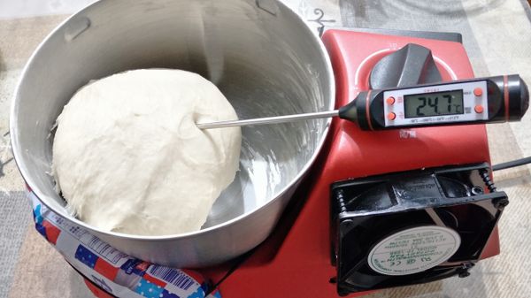 小紅直接法＋後鹽法＋低溫基發：
缸外用粗的鬆緊帶，塞冰寶打～
濕性材料慢慢加入～讓麵粉有時間吸收水份哦！
第一圈：鹽、奶油除外，麵團其他食材打一圈（15分鐘）。
第二圈：加入鹽，再打一圈（15分鐘）。
第三圈：加入奶油，打完一圈（15分鐘），完成，麵團終溫 24.7℃。