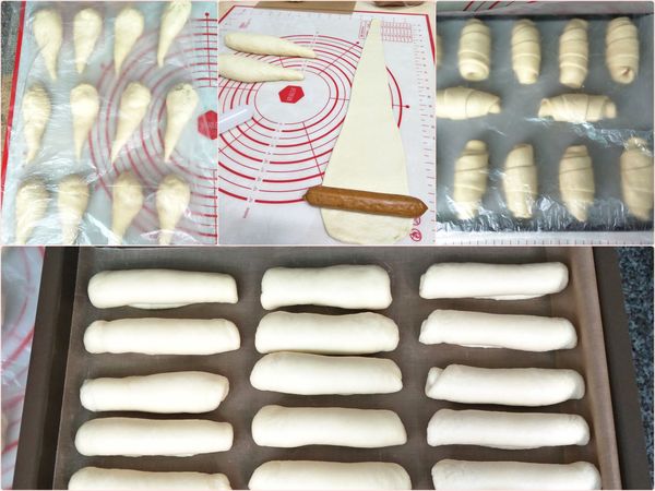 整型：
蔥啊胖胖：擀成橢圓形，翻面（漂亮光滑面放外面），由尖處捲起，收口朝下排進烤盤，一盤放21顆。
德國香腸捲捲：滾成水滴狀，鬆弛15分鐘，再擀成三角長形，寬處包進香腸，捲成可鬆形狀，收口朝下排進烤盤。
