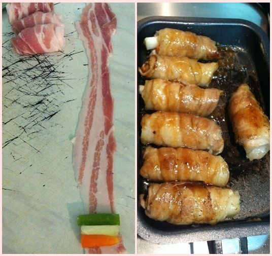 將紅蘿蔔切條,清燙過後跟青蔥條包入里肌肉片裡加醬煎熟