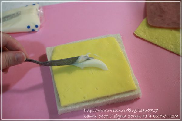 再放上蛋皮，蛋皮上再加上一層美奶滋