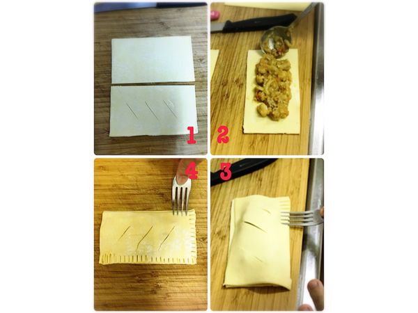 造型1......(這時可以先預熱烤箱,200度)
1.起酥片對切兩塊，其中一塊中間畫三條斜線
2.放入咖哩餡料
3.用叉子將四周壓緊
