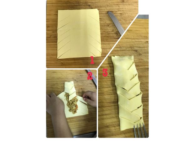 造型2
1.起酥片大約分三等份，右邊與左邊各畫斜線，斜線距離約1.5cm
2.放入咖哩餡料
3.像編辮子左右交叉，最後用叉子在最上與末端壓緊