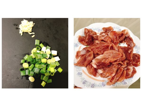 備料、蒜頭切末，青蔥切小段備用，豬肉洗淨瀝乾水分