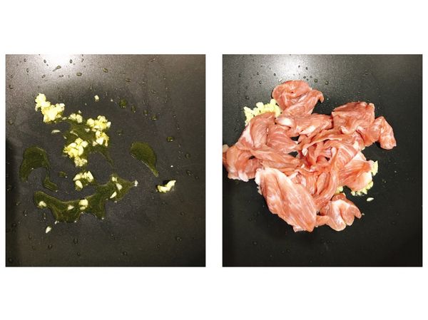 起油鍋放入蒜末爆香，接著放入肉片炒香