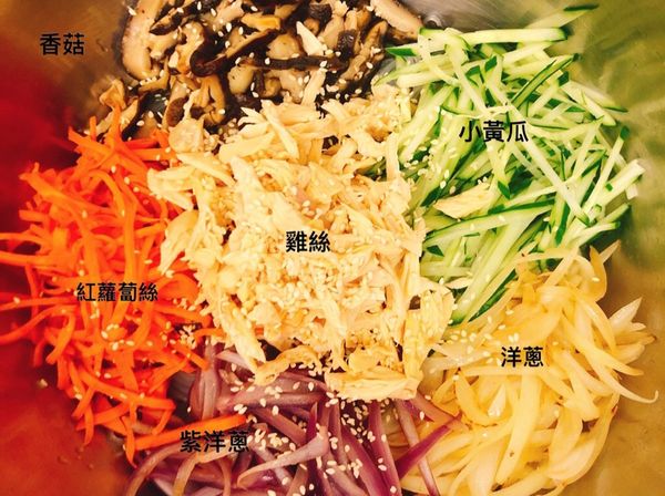 大鍋盆放入韓式冬粉、小黃瓜絲（冬天可用菠菜）、紅蘿蔔絲、香菇、洋蔥、紫洋蔥、雞胸肉絲（可以換炒牛肉絲、豬肉絲）
淋上醬料，薄鹽醬油、魚露可以依個人口味做鹹淡調整，在灑上白芝麻。
充分的拌勻