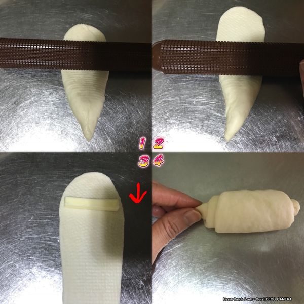 「先在烤盤上鋪烘焙紙」
1.取ㄧ份麵糰把底部朝上、橄麵棍從麵糰的中間開始往上推。
2.再繼續往下推。
3.在麵糰的上方放一塊5g的有鹽奶油。
4.由上方的寬邊往下捲起後，稍微捏緊收口、連兩側的麵包捲開口也稍微按壓一下、避免奶油在發酵和烘烤時全流出。