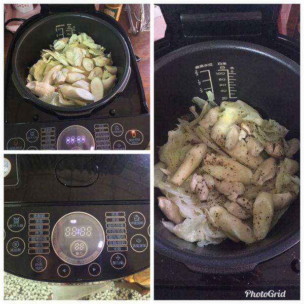 將奶油、蔬菜放入萬用鍋中撒上鹽巴、黑胡椒調味，用 焗烤時蔬模式10分鐘左右