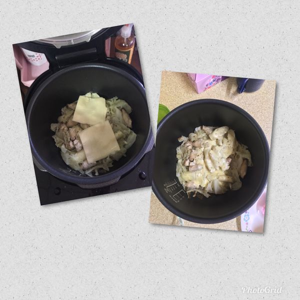 將起司片放入鍋中，用 焗烤時蔬模式時間約10分鐘左右，開蓋即可