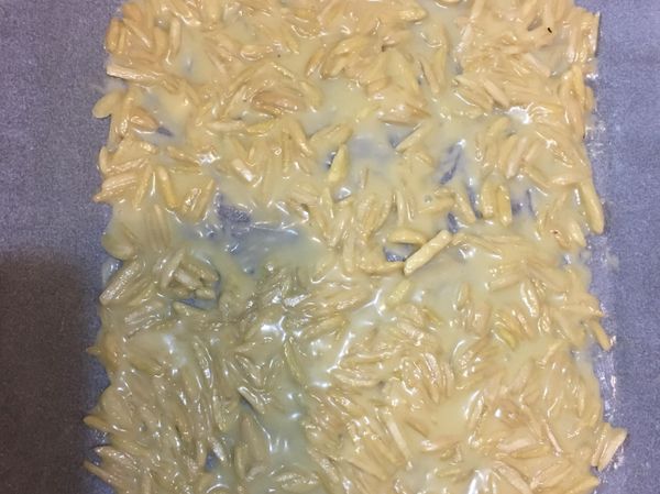 將拌好的食材，平鋪在烘烤紙上，盡量不要疊在一起，能鋪平就鋪平