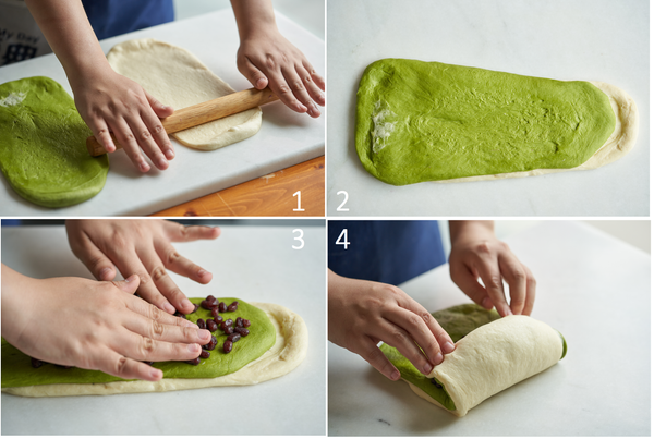 將雙色麵糰擀平呈長方形，兩個麵團預留兩公分交疊,麵團中間包入40g蜜紅豆，放入12兩烤模。