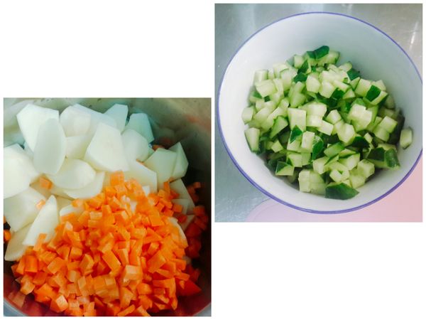 馬鈴薯切滾刀（不要太大，比較好蒸熟）
紅蘿蔔切小丁
小黃瓜切小丁