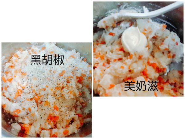 加入美奶滋、黑胡椒翻攪，
美奶滋的量依自己想要的口味，
當然是愈多愈好吃，但是熱量也相對比較高。
黑胡椒就翻攪前加一些，翻攪再加一些，
加到自己覺得ok就行。