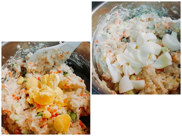 先下蛋黃拌勻後，再加蛋白。
這樣蛋白才不會被拌的太碎。