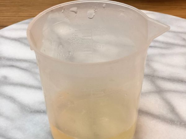 吉利丁片以冰水泡10分鐘軟化，再隔熱水融化成液體狀。