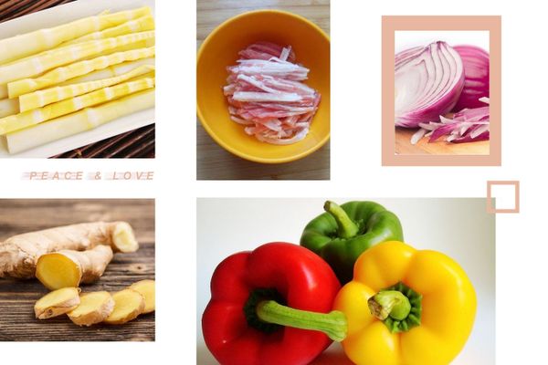 五花肉、春笋、姜、洋葱、彩椒，切成条，备用；