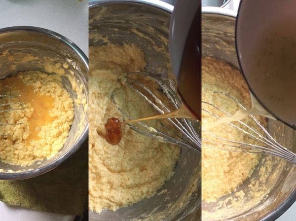 兩顆全蛋打散分次加入攪拌均勻,依序將蜂蜜、檸檬汁、檸檬皮屑加入攪拌均勻。