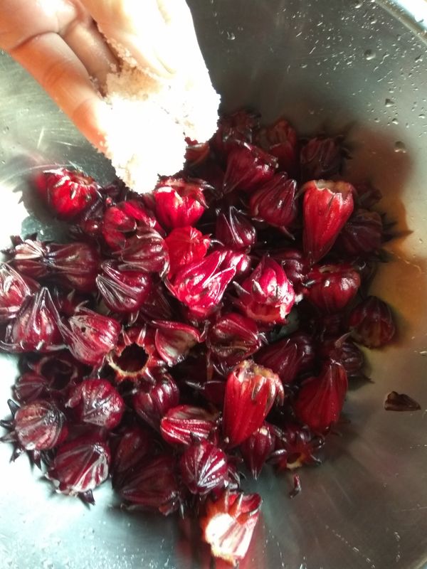 抓一把鹽巴和洛神花拌勻，靜置10分鐘。