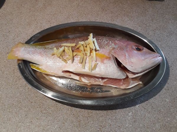 這時預備鮮魚，選沒有細骨的，我這是鯛魚
去鱗，去內臟，清洗好吸乾水份
魚身上下肚內放少許鹽，舖上薑絲(可多放，最後會加到粥內)
保鮮紙包好放雪櫃，留至粥煮好才蒸