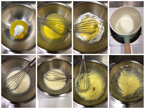 卡士達奶油餡
1. 把雞蛋的蛋黃分離出來，在加入過篩好的細砂糖
2. 將混合好的材料攪拌至細砂糖溶解就好
3. 加入過篩完成的低筋麵粉及玉米粉後拌至光滑看不見粉類
4. 牛奶放入鍋中以中小火加熱，鍋邊開始冒泡就可關火