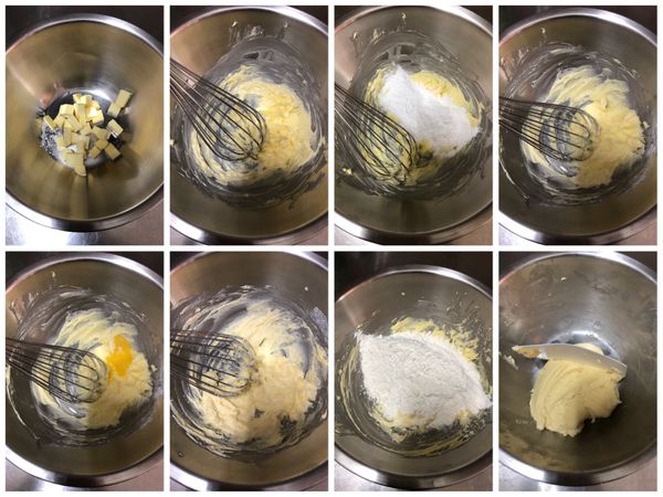 5. 分次加入打散的全蛋，每加一次都要拌到蛋液全部吸收，再加入下批蛋
6. 蛋液加完後的奶油糊呈現光滑無分離狀態，如像蛋花湯的話就是加太快
7. 加入過篩的粉類，用壓拌的方次拌均勻，免得麵團出筋，不然烘烤時會縮
8. 壓拌到麵團光滑不黏手的程度就大功告成