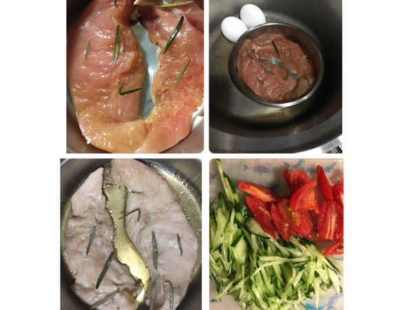 雞里肌加入鹽和迷蝶香按摩後靜置一晚。
放入電鍋外鍋加約10cc蒸熟（順便蒸兩顆蛋）
小黃瓜、小番茄切絲備用。