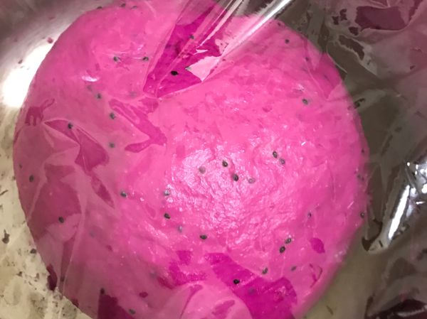 1先把所有的材料混合除了奶油
2揉到麵團不濕黏（中間可以再加一些些的麵粉如果火龍果的水分太多就會太濕）
3加入奶油揉到麵團光滑
（有薄膜）
4發酵1個小時