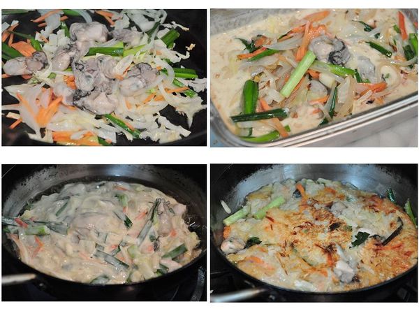 1.)以少許油將配料蔬菜拌炒，放入醃漬過的蚵仔略拌。
2.)將炒料倒入拌勻的粉漿中，加入少許葵花油拌勻麵糊更好煎不易沾黏。 
3.)接著大火熱鍋熱油後，倒入粉漿轉中小火慢慢烘煎。 
4.)將兩面煎至熟成呈金黃即可。