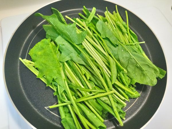 菠菜洗乾淨後，加入少許的油中小火，菠菜切半舖上平底鍋