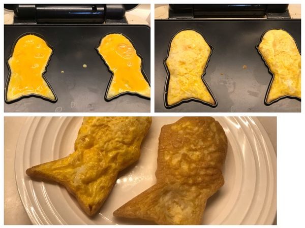 蛋打勻後平均倒入兩隻魚中，闔上烤盤等蛋熟後夾起（如果妳的烤盤會沾鍋就需塗一層奶油再倒入蛋液），喜歡玉米粒的這時也可以放入玉米粒