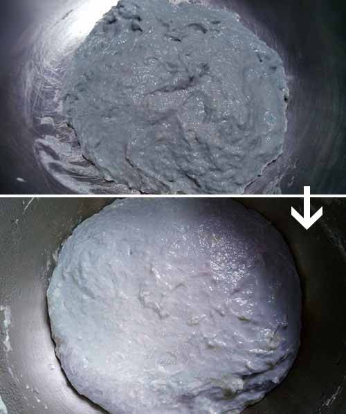 加入其他所有材料，拌勻後用保鮮膜封住鍋口，放入冷藏發酵至少8小時（上圖為發酵前，下圖為發酵後）