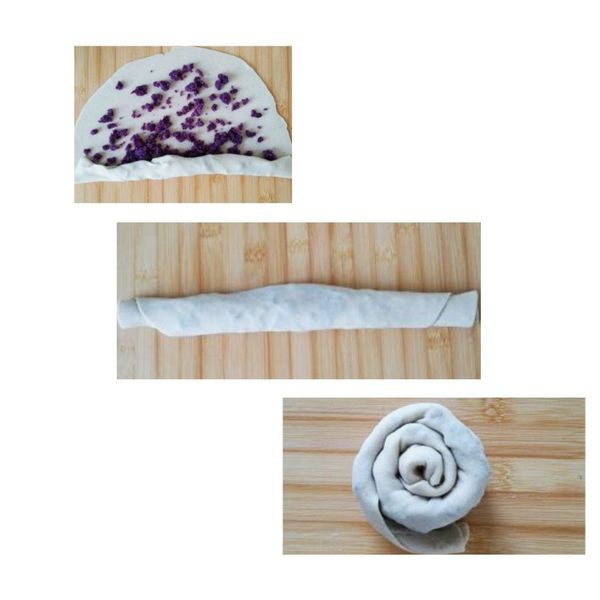 将紫薯泥均匀的撒在面皮上，从一侧轻轻卷起来，卷成筒状，从卷筒的一头向里再慢慢卷起，卷成一圈圈的，卷好后收口朝下；