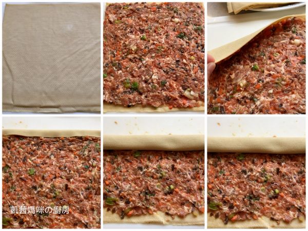 將豆腐皮攤開，將醃漬好的肉醬平鋪在豆腐皮；慢慢地捲起來⋯