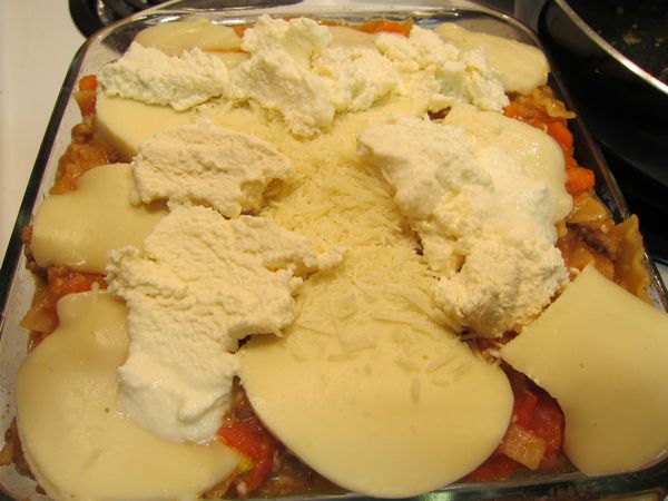 如果你的鍋子可以烤，直接把切片的莫薩里拉芝士跟剩下的 Parmesan Cheese 鋪在上面，放入350 F 烤箱烤30分鐘。(照片裡，白白粉粉的是Ricotta Cheese，不需要放，我只是剩一點想用掉。。。。。。