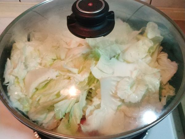 加入約一杯水，蓋上鍋蓋燉煮，偶爾翻炒一下，水量如果太少可以增加，煮至白菜軟爛