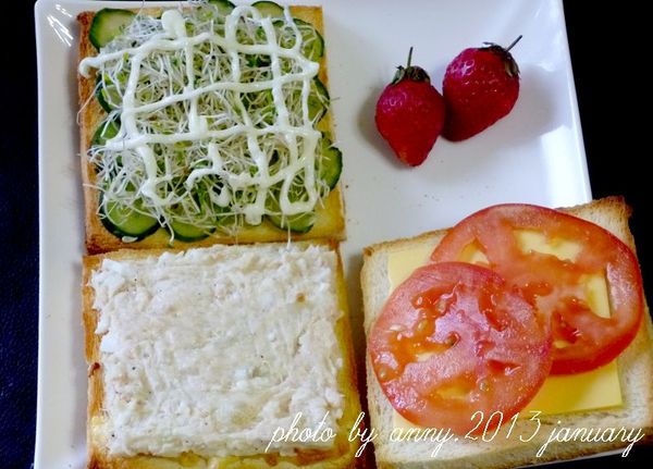 將烤好的土司依序放上如圖備好食材(可自由搭配^o^)