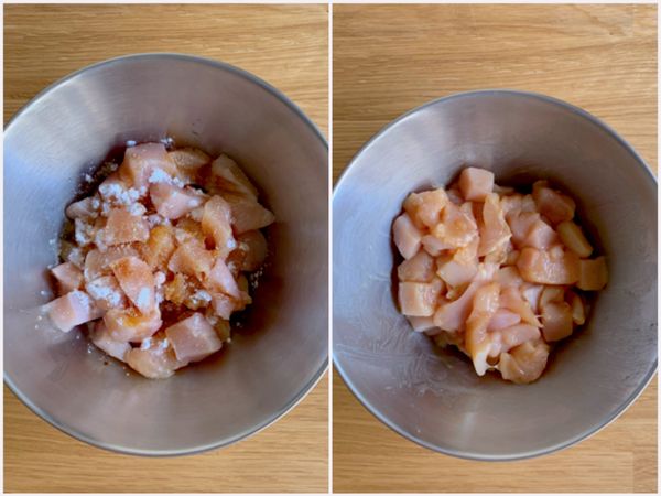 雞胸肉切成約2公分丁塊狀，加入醃料拌勻。