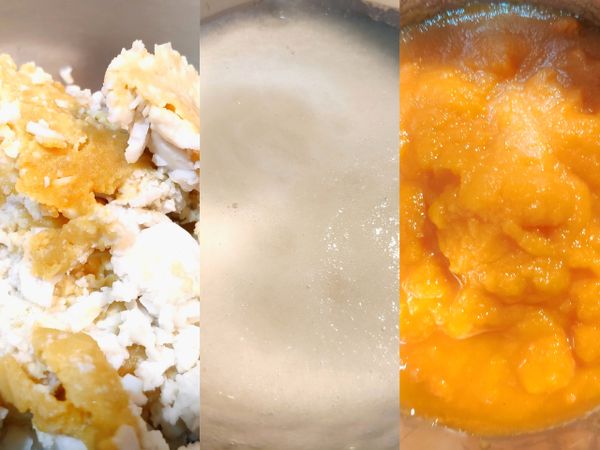 ［備料步驟］
使用調理機或磨泥器將紅蘿蔔、大蒜磨成泥
鹹蛋搗碎

雞蛋豆腐切丁
★可先稍微煎過增加口感，下鍋時也比較不容易破碎