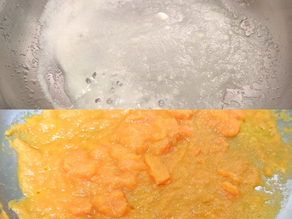 熱鍋後放入適量的油
蒜泥炒出味後加入紅蘿蔔泥
整體呈現橘紅色後加入鹹蛋炒香