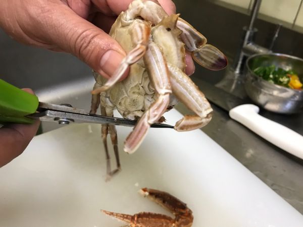 用剪刀就可以輕易的將蟹腳剪斷。